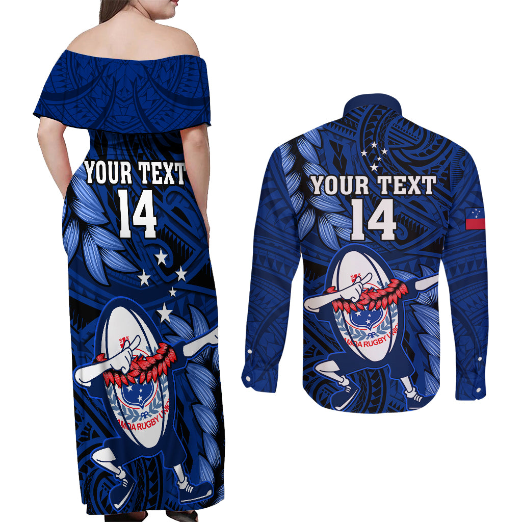 Custom Samoa Rugby Couples Matching Off Shoulder Maxi Dress and Long Sleeve Button Shirts Manu Samoa Ula Fala Dabbing Ball Polynesian Blue Version - Wonder Print Shop