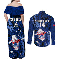Custom Samoa Rugby Couples Matching Off Shoulder Maxi Dress and Long Sleeve Button Shirts Manu Samoa Ula Fala Dabbing Ball Polynesian Blue Version - Wonder Print Shop