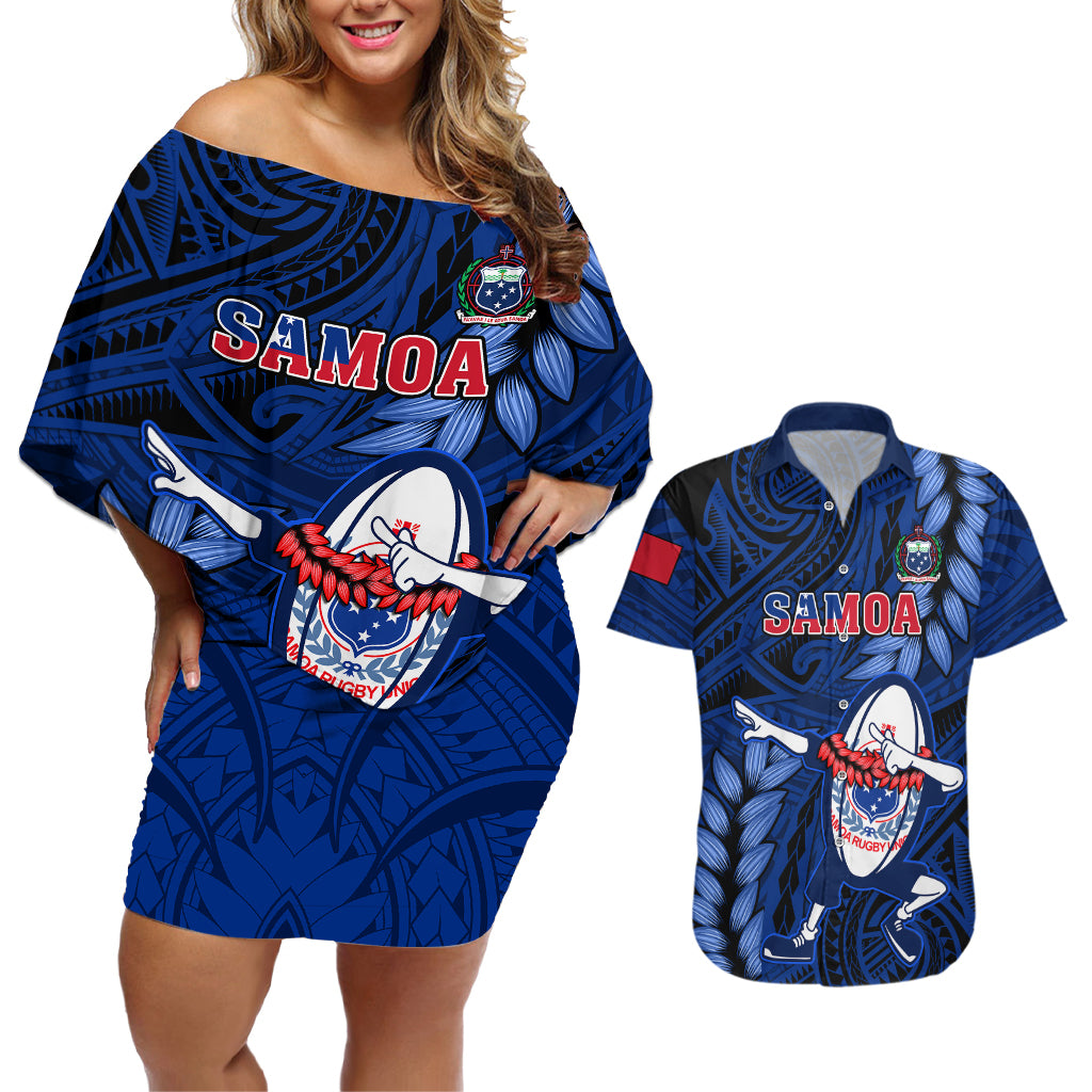 Custom Samoa Rugby Couples Matching Off Shoulder Short Dress and Hawaiian Shirt Manu Samoa Ula Fala Dabbing Ball Polynesian Blue Version - Wonder Print Shop