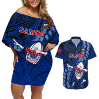 Custom Samoa Rugby Couples Matching Off Shoulder Short Dress and Hawaiian Shirt Manu Samoa Ula Fala Dabbing Ball Polynesian Blue Version - Wonder Print Shop