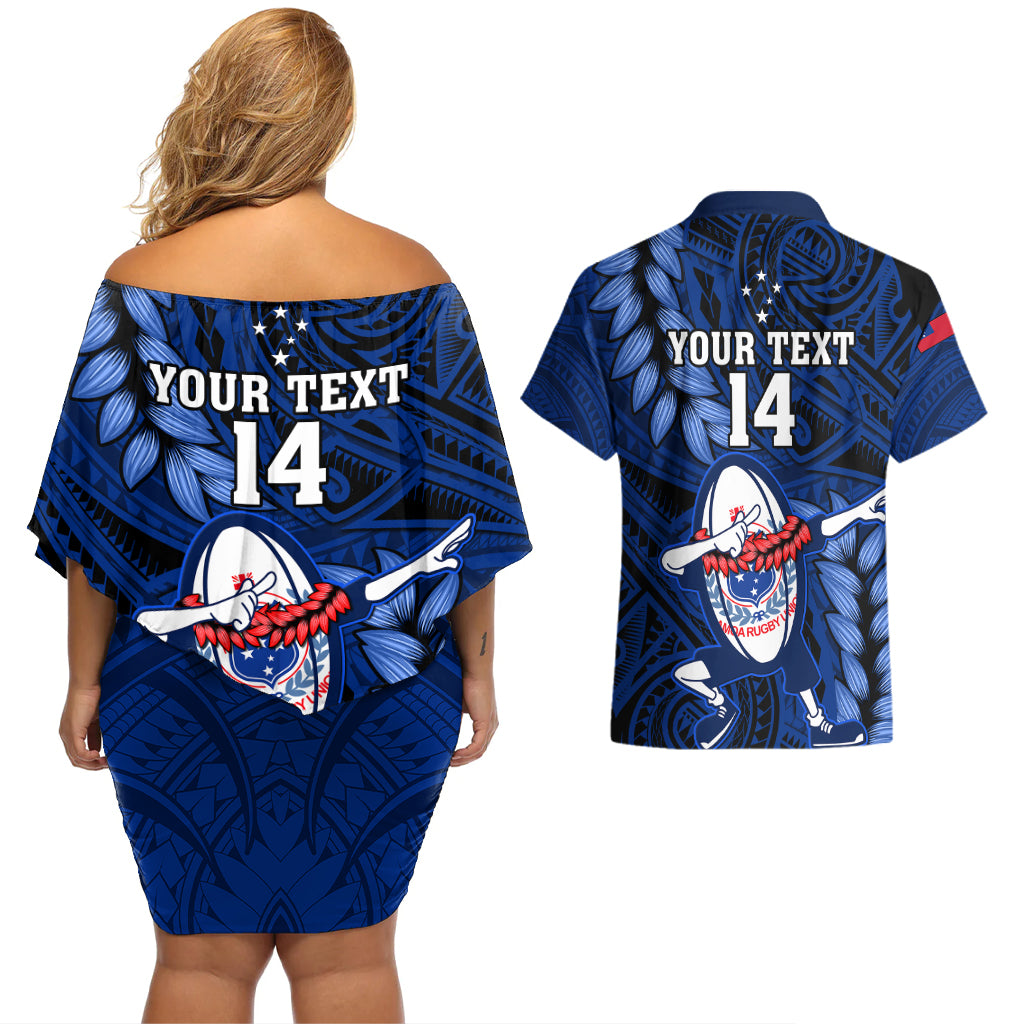 Custom Samoa Rugby Couples Matching Off Shoulder Short Dress and Hawaiian Shirt Manu Samoa Ula Fala Dabbing Ball Polynesian Blue Version - Wonder Print Shop