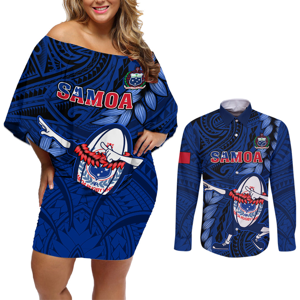 Custom Samoa Rugby Couples Matching Off Shoulder Short Dress and Long Sleeve Button Shirts Manu Samoa Ula Fala Dabbing Ball Polynesian Blue Version - Wonder Print Shop