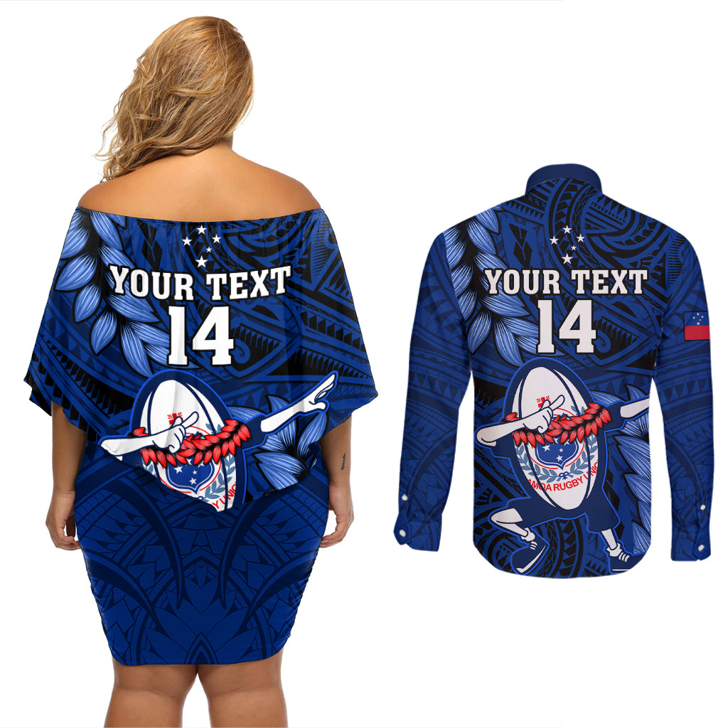 Custom Samoa Rugby Couples Matching Off Shoulder Short Dress and Long Sleeve Button Shirts Manu Samoa Ula Fala Dabbing Ball Polynesian Blue Version - Wonder Print Shop