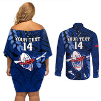 Custom Samoa Rugby Couples Matching Off Shoulder Short Dress and Long Sleeve Button Shirts Manu Samoa Ula Fala Dabbing Ball Polynesian Blue Version - Wonder Print Shop