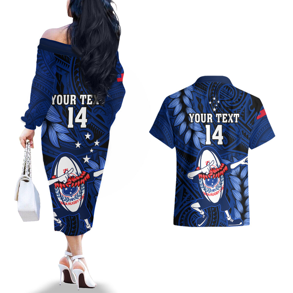 Custom Samoa Rugby Couples Matching Off The Shoulder Long Sleeve Dress and Hawaiian Shirt Manu Samoa Ula Fala Dabbing Ball Polynesian Blue Version - Wonder Print Shop