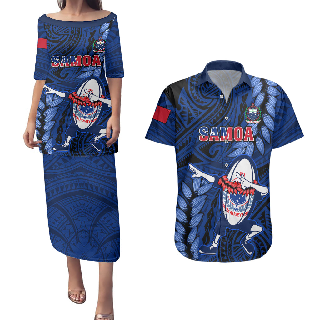 Custom Samoa Rugby Couples Matching Puletasi Dress and Hawaiian Shirt Manu Samoa Ula Fala Dabbing Ball Polynesian Blue Version - Wonder Print Shop