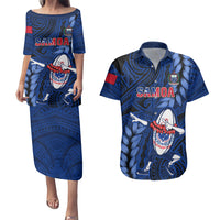 Custom Samoa Rugby Couples Matching Puletasi Dress and Hawaiian Shirt Manu Samoa Ula Fala Dabbing Ball Polynesian Blue Version - Wonder Print Shop