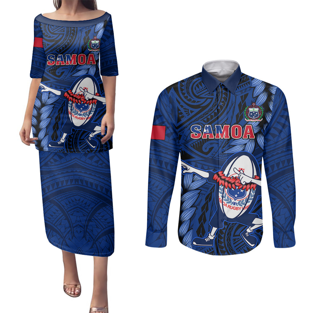Custom Samoa Rugby Couples Matching Puletasi Dress and Long Sleeve Button Shirts Manu Samoa Ula Fala Dabbing Ball Polynesian Blue Version - Wonder Print Shop