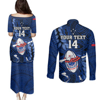 Custom Samoa Rugby Couples Matching Puletasi Dress and Long Sleeve Button Shirts Manu Samoa Ula Fala Dabbing Ball Polynesian Blue Version - Wonder Print Shop