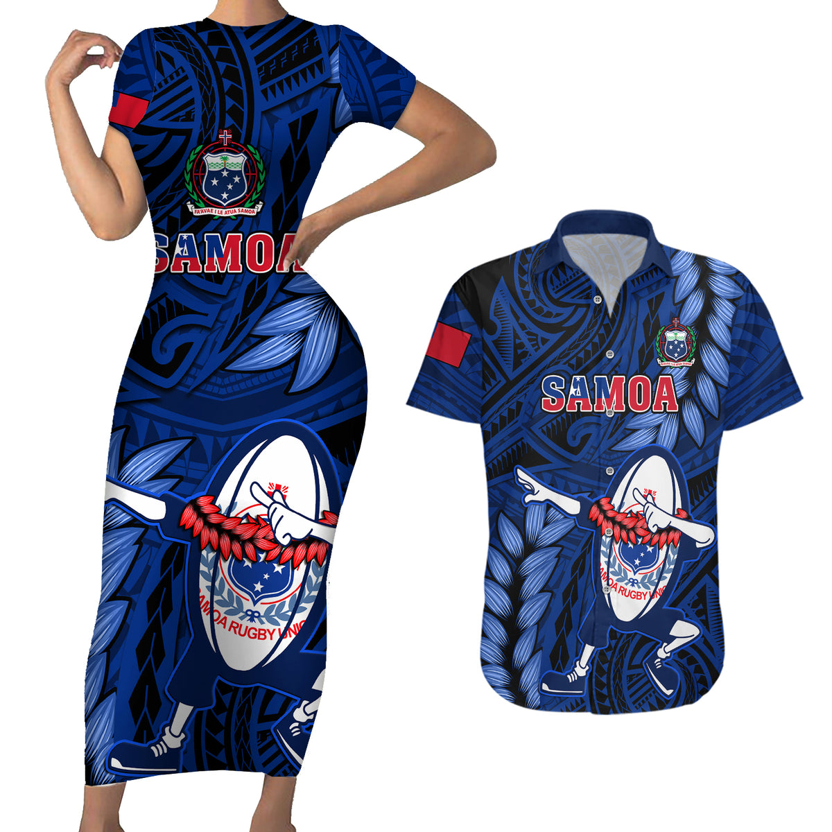 Custom Samoa Rugby Couples Matching Short Sleeve Bodycon Dress and Hawaiian Shirt Manu Samoa Ula Fala Dabbing Ball Polynesian Blue Version - Wonder Print Shop