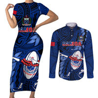 Custom Samoa Rugby Couples Matching Short Sleeve Bodycon Dress and Long Sleeve Button Shirts Manu Samoa Ula Fala Dabbing Ball Polynesian Blue Version - Wonder Print Shop
