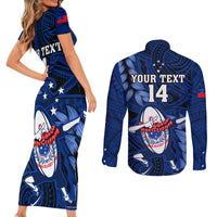 Custom Samoa Rugby Couples Matching Short Sleeve Bodycon Dress and Long Sleeve Button Shirts Manu Samoa Ula Fala Dabbing Ball Polynesian Blue Version - Wonder Print Shop