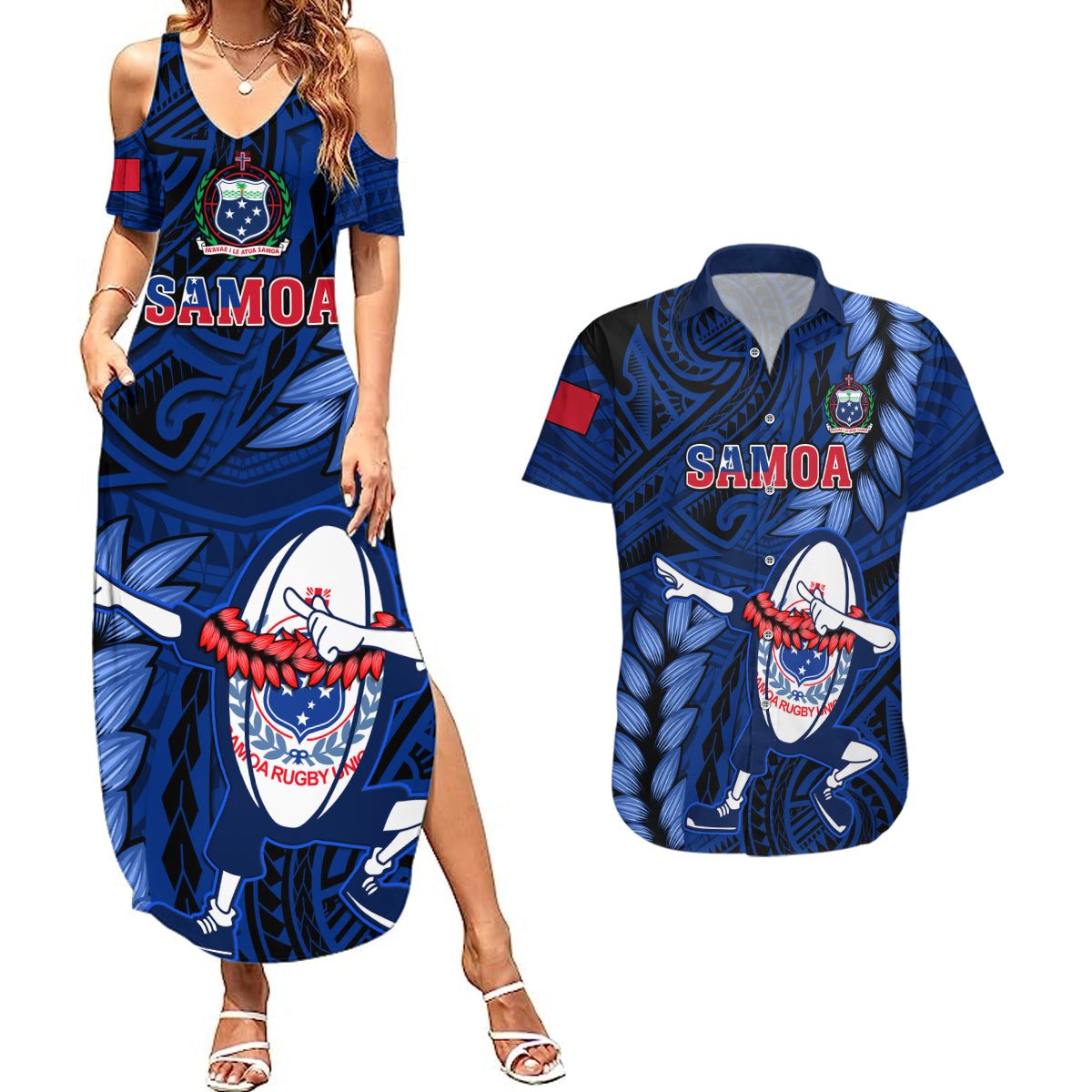 Custom Samoa Rugby Couples Matching Summer Maxi Dress and Hawaiian Shirt Manu Samoa Ula Fala Dabbing Ball Polynesian Blue Version - Wonder Print Shop