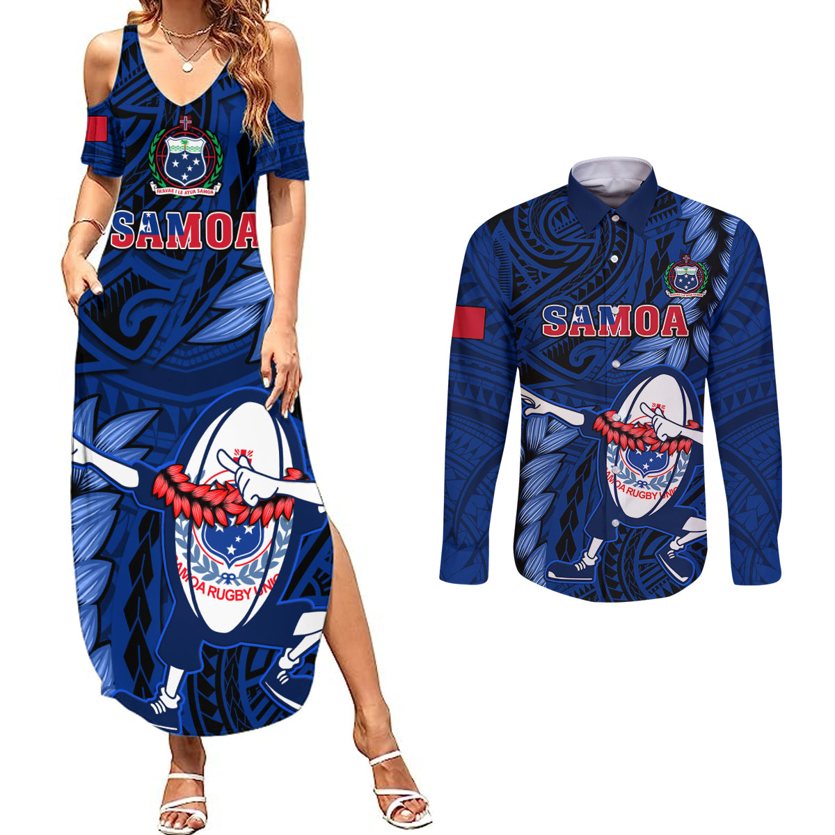 Custom Samoa Rugby Couples Matching Summer Maxi Dress and Long Sleeve Button Shirts Manu Samoa Ula Fala Dabbing Ball Polynesian Blue Version - Wonder Print Shop