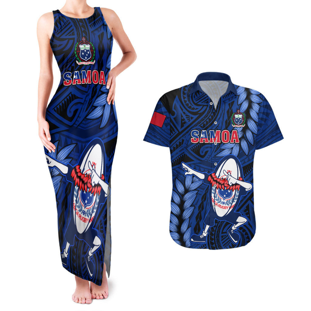 Custom Samoa Rugby Couples Matching Tank Maxi Dress and Hawaiian Shirt Manu Samoa Ula Fala Dabbing Ball Polynesian Blue Version - Wonder Print Shop