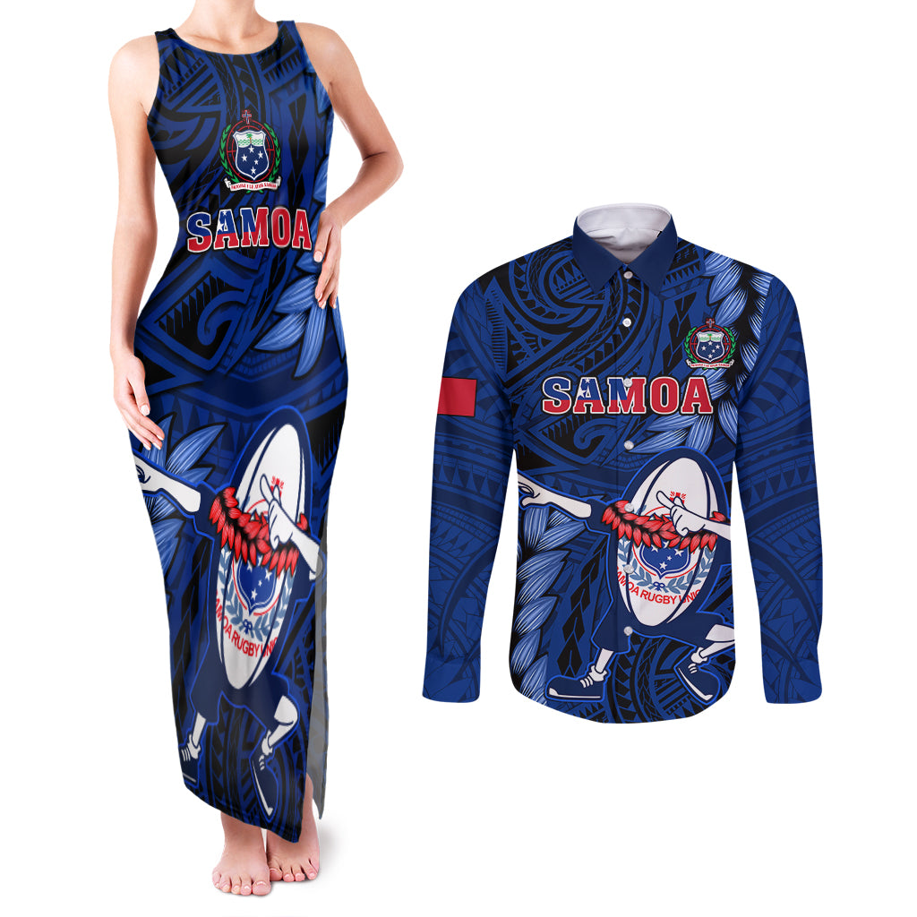 Custom Samoa Rugby Couples Matching Tank Maxi Dress and Long Sleeve Button Shirts Manu Samoa Ula Fala Dabbing Ball Polynesian Blue Version - Wonder Print Shop