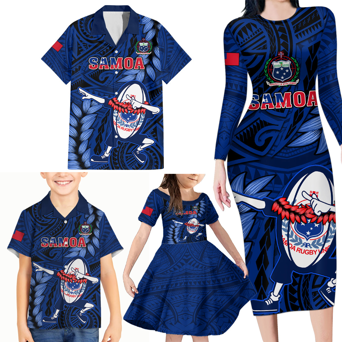 Custom Samoa Rugby Family Matching Long Sleeve Bodycon Dress and Hawaiian Shirt Manu Samoa Ula Fala Dabbing Ball Polynesian Blue Version - Wonder Print Shop