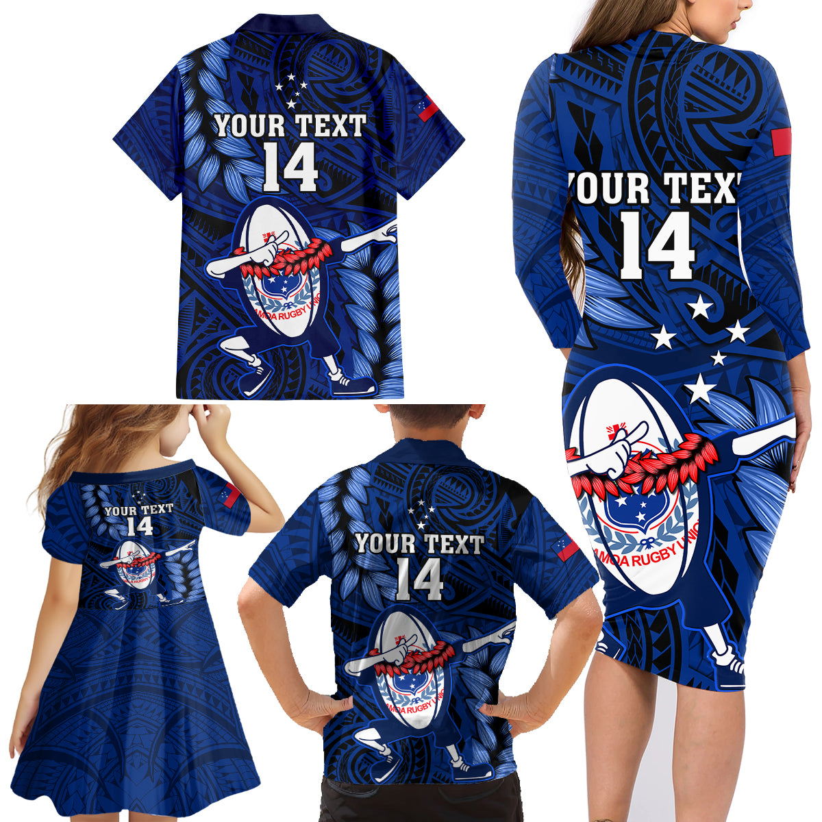 Custom Samoa Rugby Family Matching Long Sleeve Bodycon Dress and Hawaiian Shirt Manu Samoa Ula Fala Dabbing Ball Polynesian Blue Version - Wonder Print Shop
