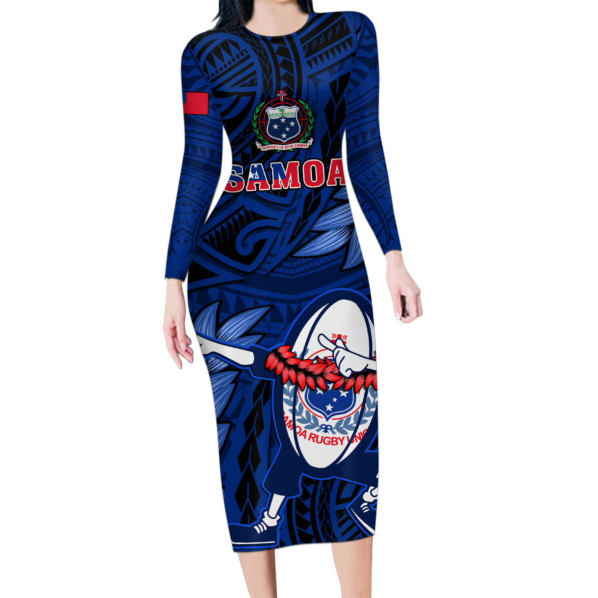 Custom Samoa Rugby Family Matching Long Sleeve Bodycon Dress and Hawaiian Shirt Manu Samoa Ula Fala Dabbing Ball Polynesian Blue Version - Wonder Print Shop