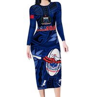 Custom Samoa Rugby Family Matching Long Sleeve Bodycon Dress and Hawaiian Shirt Manu Samoa Ula Fala Dabbing Ball Polynesian Blue Version - Wonder Print Shop