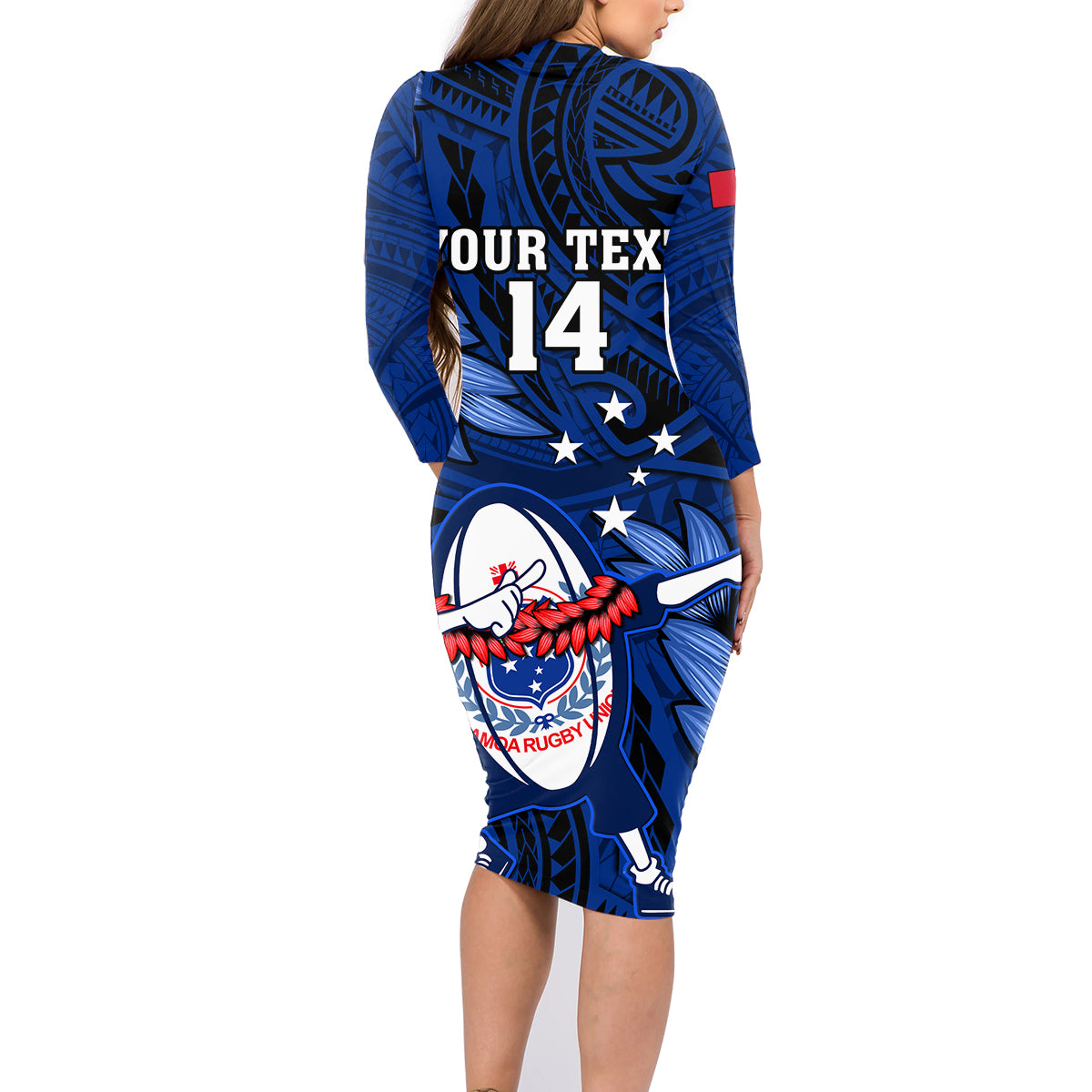 Custom Samoa Rugby Family Matching Long Sleeve Bodycon Dress and Hawaiian Shirt Manu Samoa Ula Fala Dabbing Ball Polynesian Blue Version - Wonder Print Shop