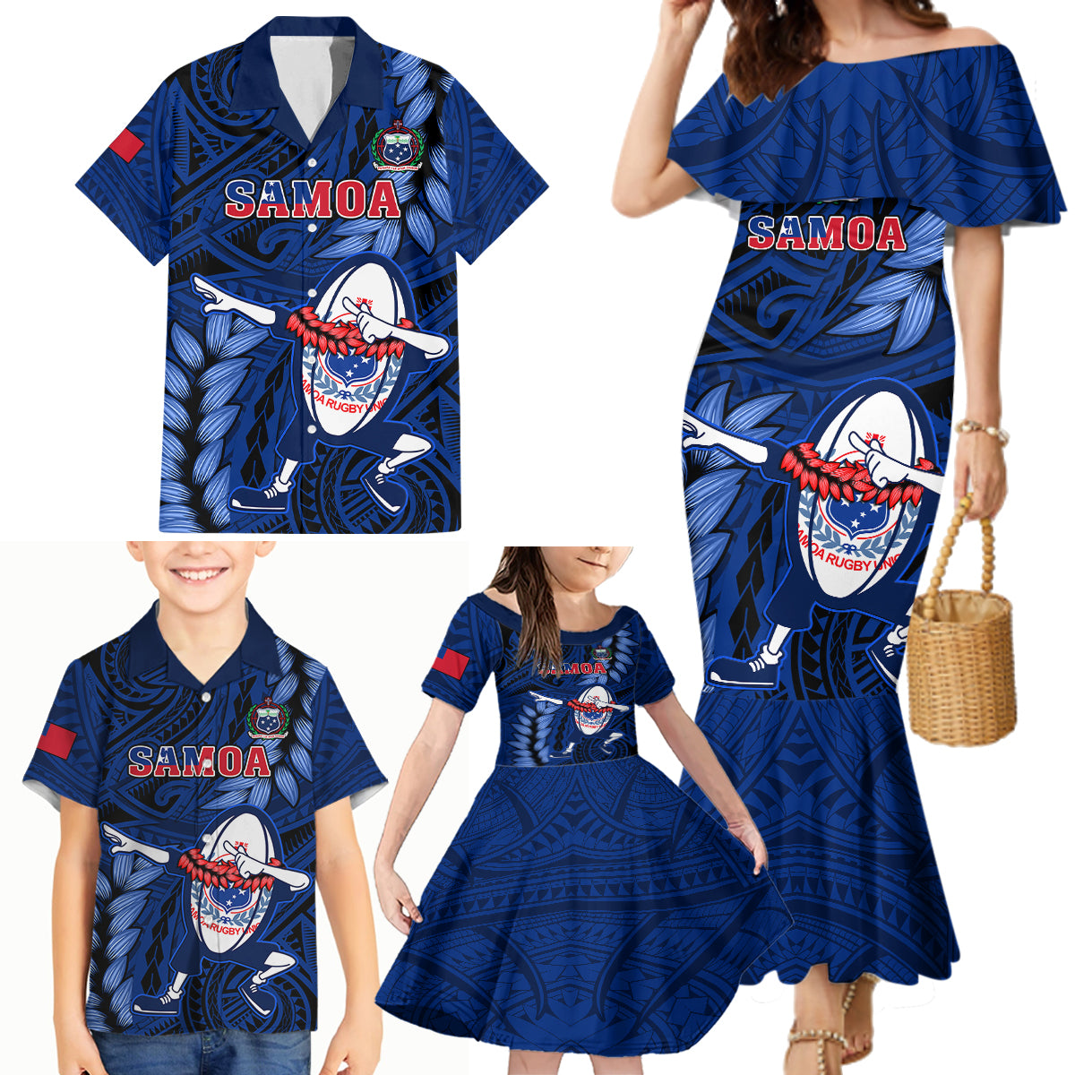 Custom Samoa Rugby Family Matching Mermaid Dress and Hawaiian Shirt Manu Samoa Ula Fala Dabbing Ball Polynesian Blue Version - Wonder Print Shop