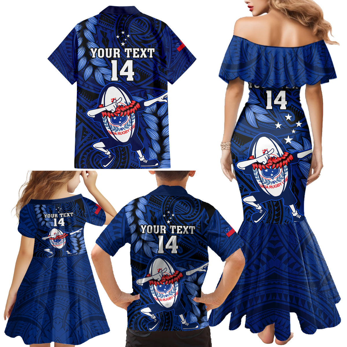 Custom Samoa Rugby Family Matching Mermaid Dress and Hawaiian Shirt Manu Samoa Ula Fala Dabbing Ball Polynesian Blue Version - Wonder Print Shop