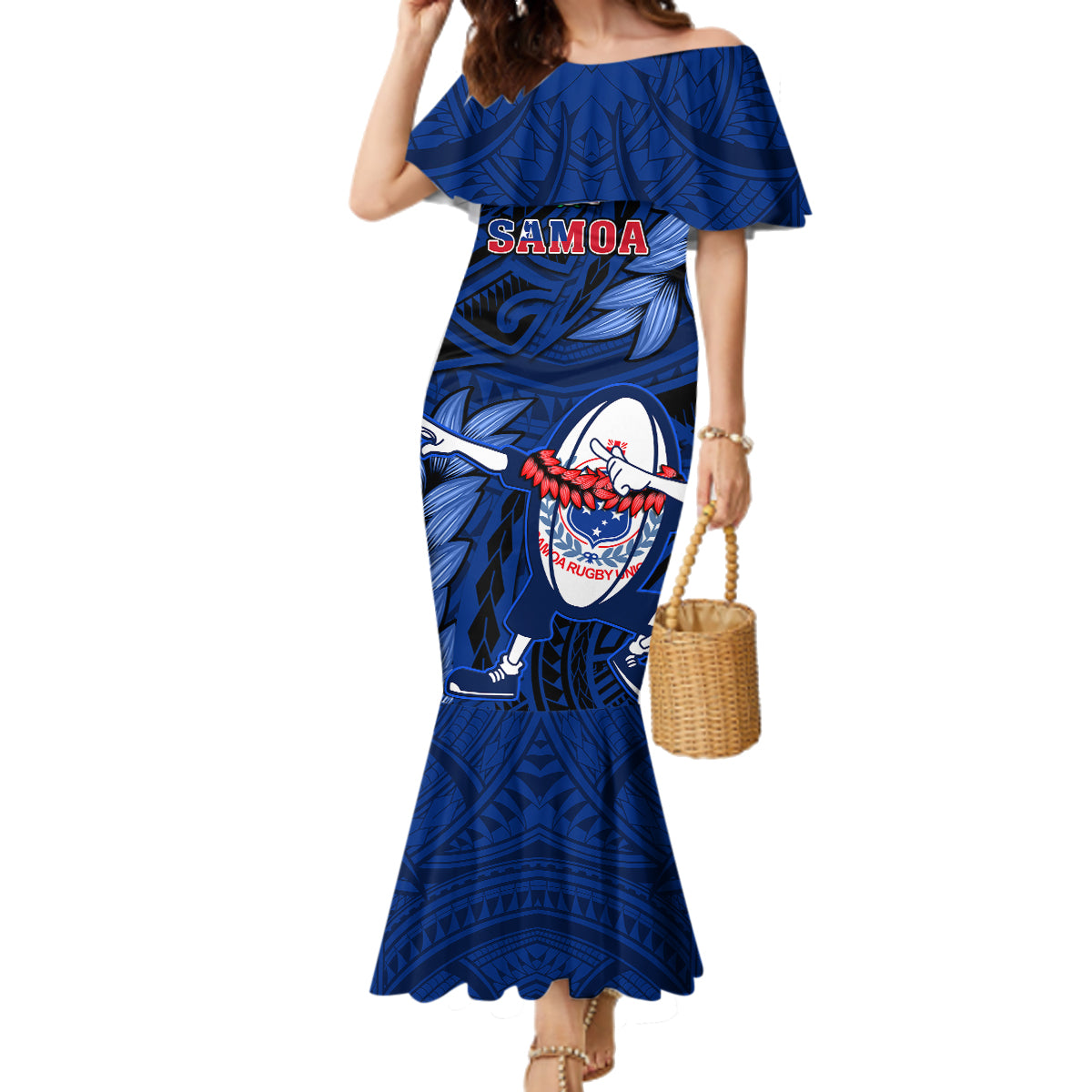 Custom Samoa Rugby Family Matching Mermaid Dress and Hawaiian Shirt Manu Samoa Ula Fala Dabbing Ball Polynesian Blue Version - Wonder Print Shop