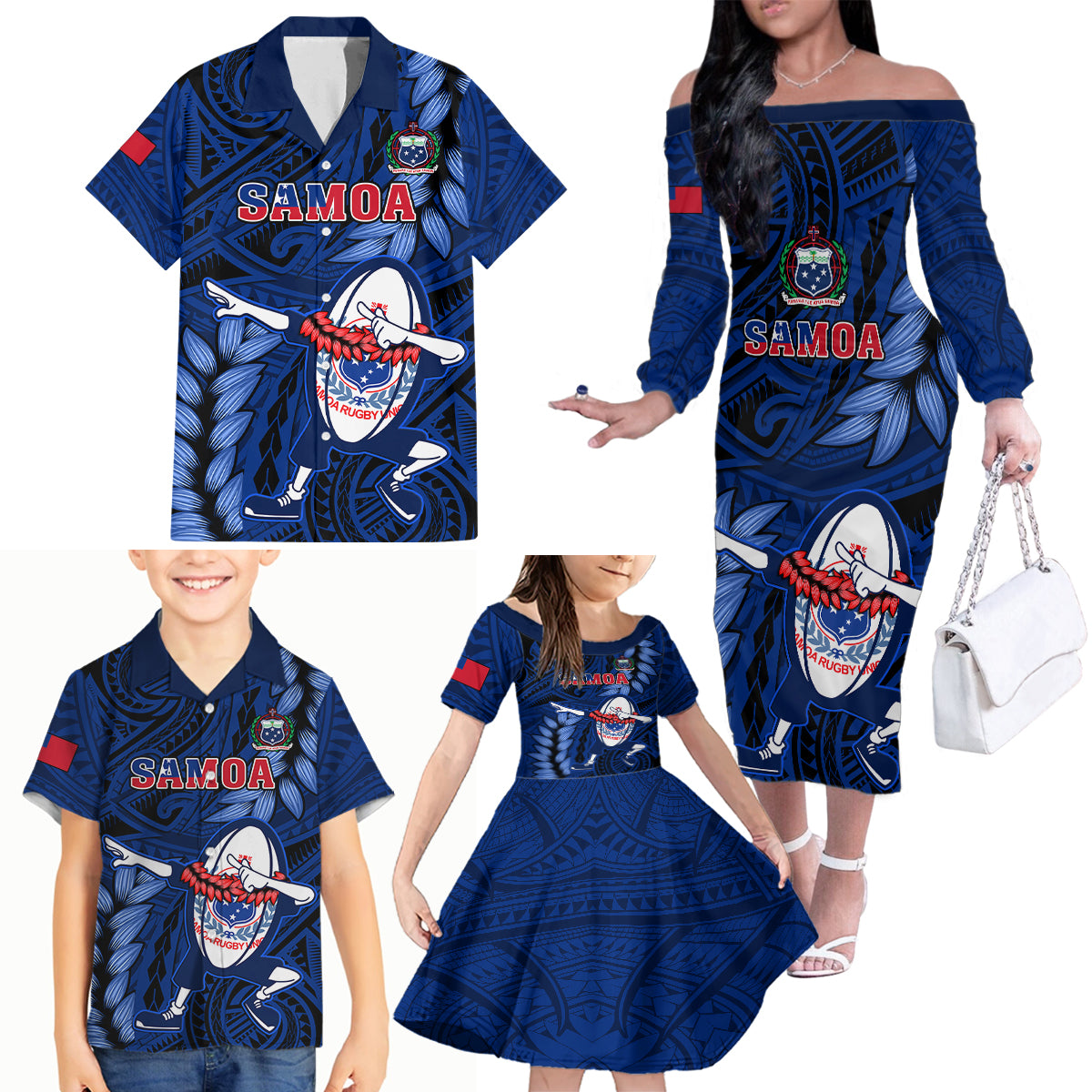 Custom Samoa Rugby Family Matching Off Shoulder Long Sleeve Dress and Hawaiian Shirt Manu Samoa Ula Fala Dabbing Ball Polynesian Blue Version - Wonder Print Shop