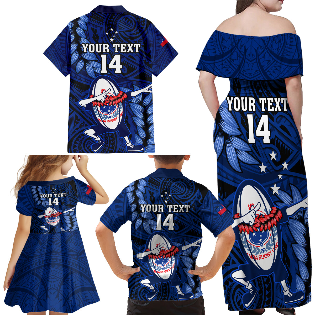 Custom Samoa Rugby Family Matching Off Shoulder Long Sleeve Dress and Hawaiian Shirt Manu Samoa Ula Fala Dabbing Ball Polynesian Blue Version - Wonder Print Shop