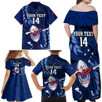 Custom Samoa Rugby Family Matching Off Shoulder Long Sleeve Dress and Hawaiian Shirt Manu Samoa Ula Fala Dabbing Ball Polynesian Blue Version - Wonder Print Shop
