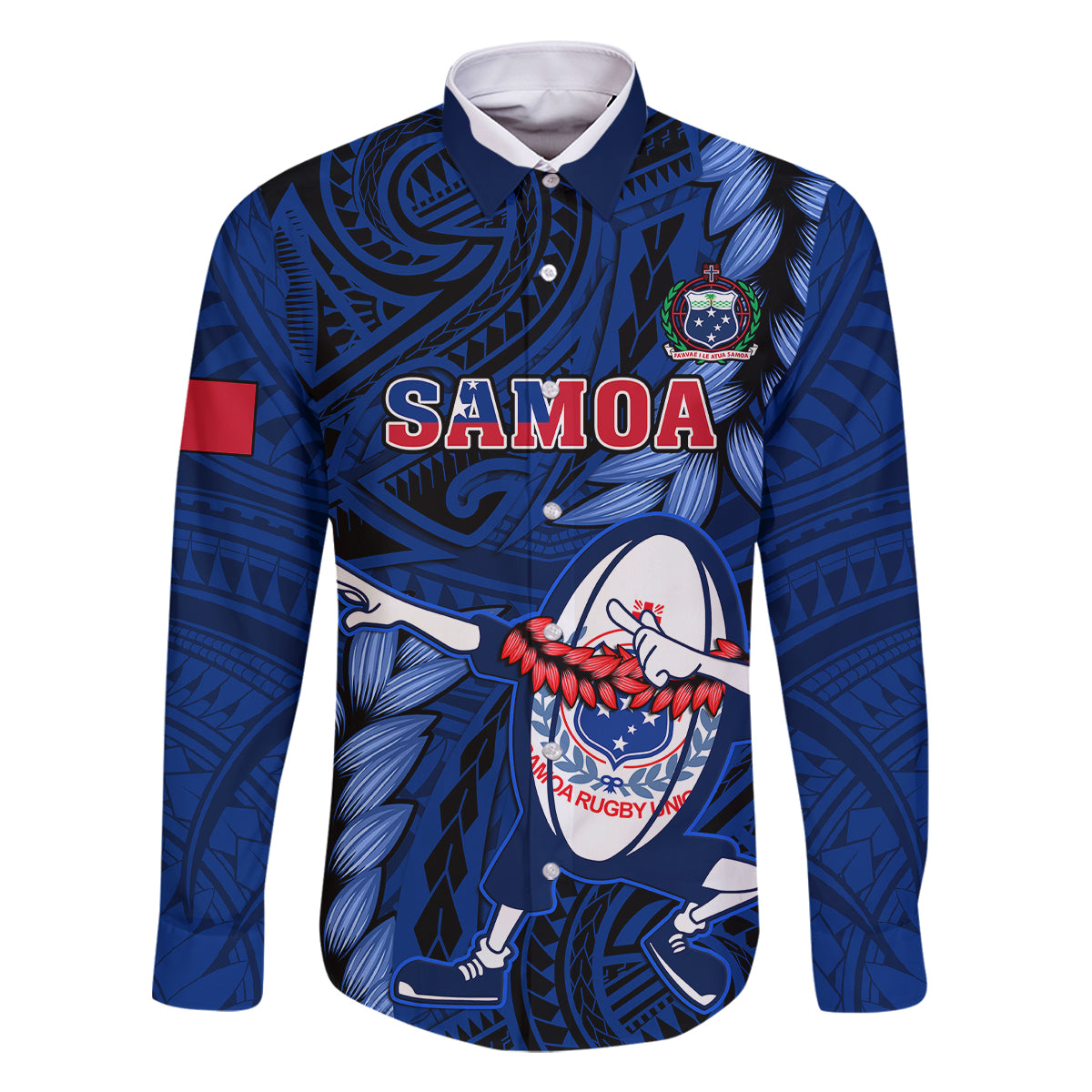 Custom Samoa Rugby Family Matching Off Shoulder Short Dress and Hawaiian Shirt Manu Samoa Ula Fala Dabbing Ball Polynesian Blue Version - Wonder Print Shop