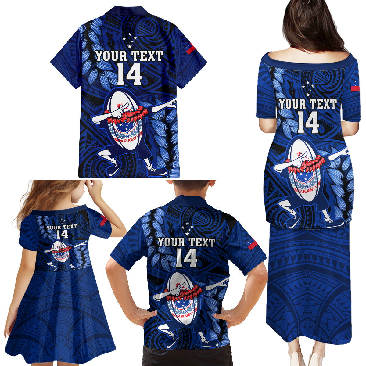 Custom Samoa Rugby Family Matching Puletasi Dress and Hawaiian Shirt Manu Samoa Ula Fala Dabbing Ball Polynesian Blue Version - Wonder Print Shop