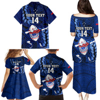 Custom Samoa Rugby Family Matching Puletasi Dress and Hawaiian Shirt Manu Samoa Ula Fala Dabbing Ball Polynesian Blue Version - Wonder Print Shop