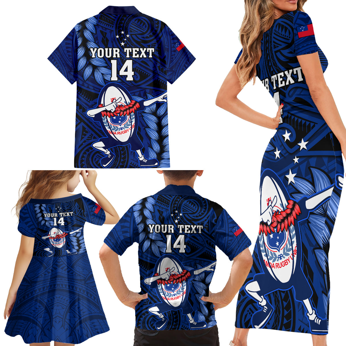 Custom Samoa Rugby Family Matching Short Sleeve Bodycon Dress and Hawaiian Shirt Manu Samoa Ula Fala Dabbing Ball Polynesian Blue Version - Wonder Print Shop