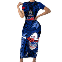 Custom Samoa Rugby Family Matching Short Sleeve Bodycon Dress and Hawaiian Shirt Manu Samoa Ula Fala Dabbing Ball Polynesian Blue Version - Wonder Print Shop