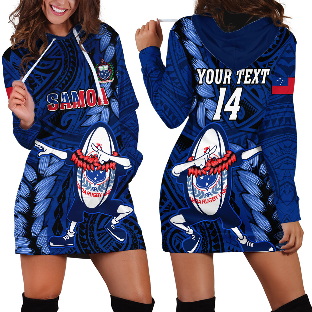 Custom Samoa Rugby Hoodie Dress Manu Samoa Ula Fala Dabbing Ball Polynesian Blue Version - Wonder Print Shop