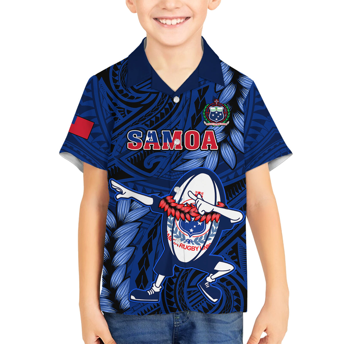 Custom Samoa Rugby Kid Hawaiian Shirt Manu Samoa Ula Fala Dabbing Ball Polynesian Blue Version - Wonder Print Shop