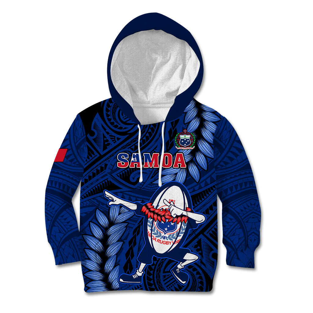 Custom Samoa Rugby Kid Hoodie Manu Samoa Ula Fala Dabbing Ball Polynesian Blue Version - Wonder Print Shop
