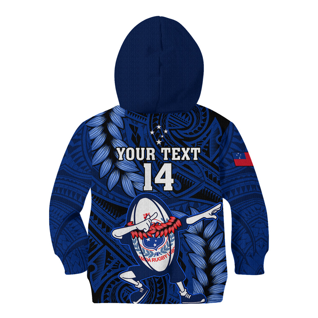 Custom Samoa Rugby Kid Hoodie Manu Samoa Ula Fala Dabbing Ball Polynesian Blue Version - Wonder Print Shop