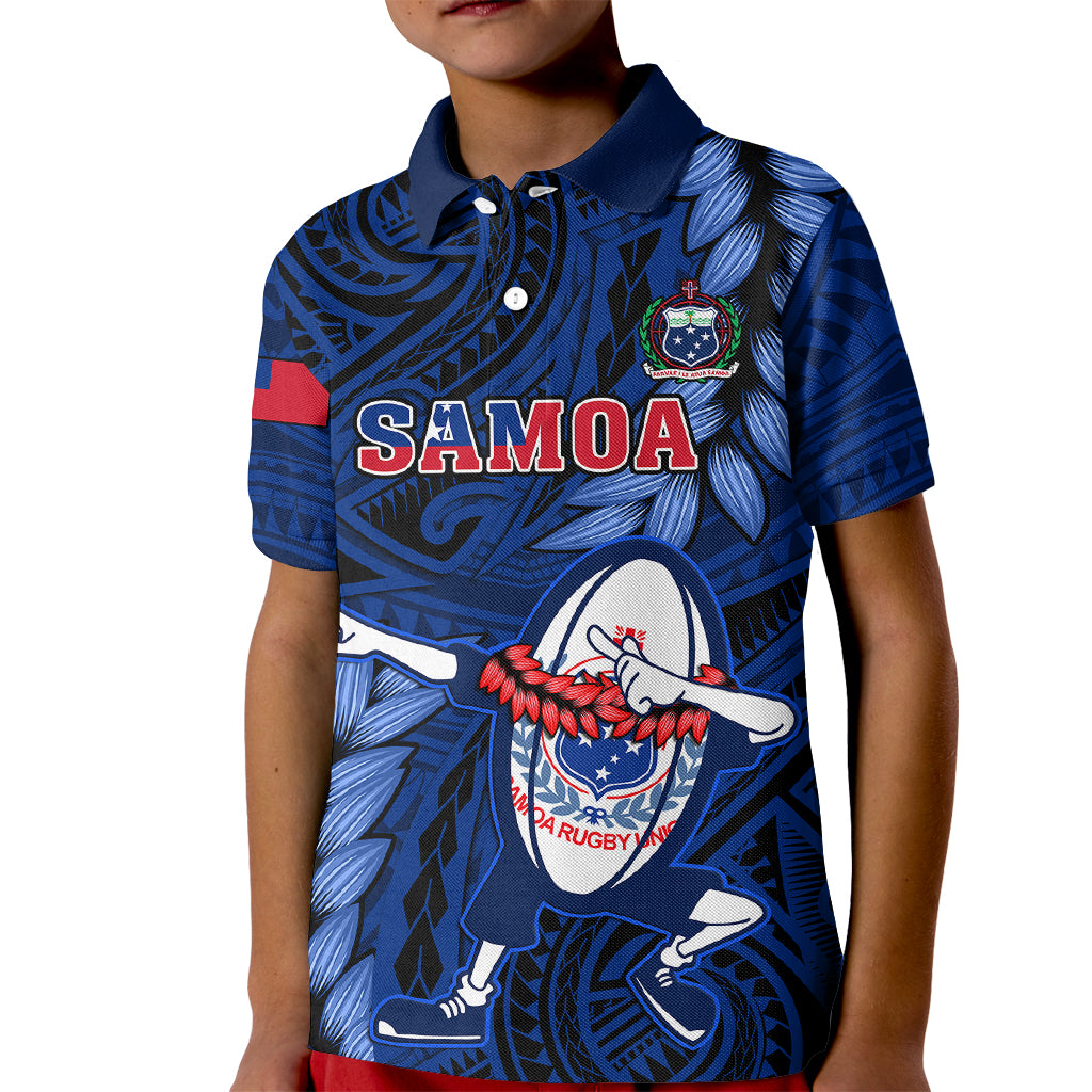 Custom Samoa Rugby Kid Polo Shirt Manu Samoa Ula Fala Dabbing Ball Polynesian Blue Version - Wonder Print Shop