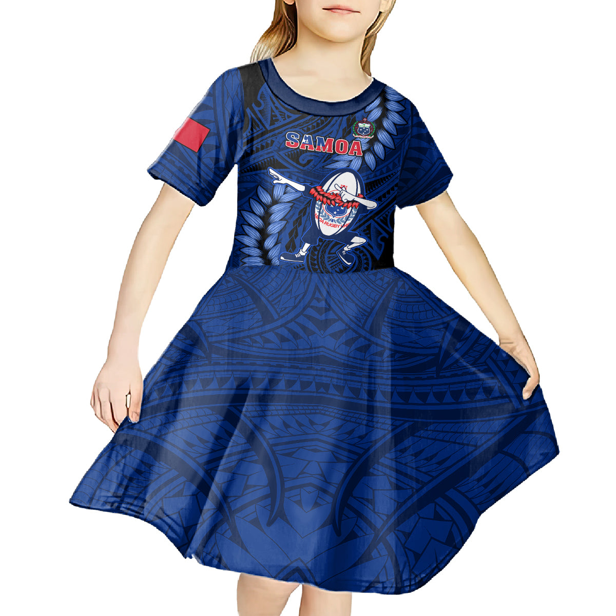 Custom Samoa Rugby Kid Short Sleeve Dress Manu Samoa Ula Fala Dabbing Ball Polynesian Blue Version - Wonder Print Shop