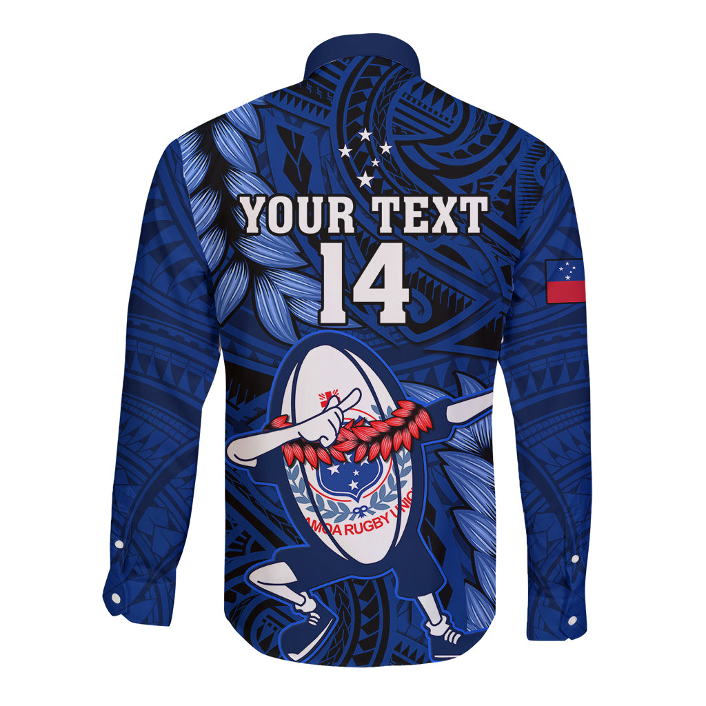 Custom Samoa Rugby Long Sleeve Button Shirt Manu Samoa Ula Fala Dabbing Ball Polynesian Blue Version - Wonder Print Shop