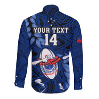 Custom Samoa Rugby Long Sleeve Button Shirt Manu Samoa Ula Fala Dabbing Ball Polynesian Blue Version - Wonder Print Shop