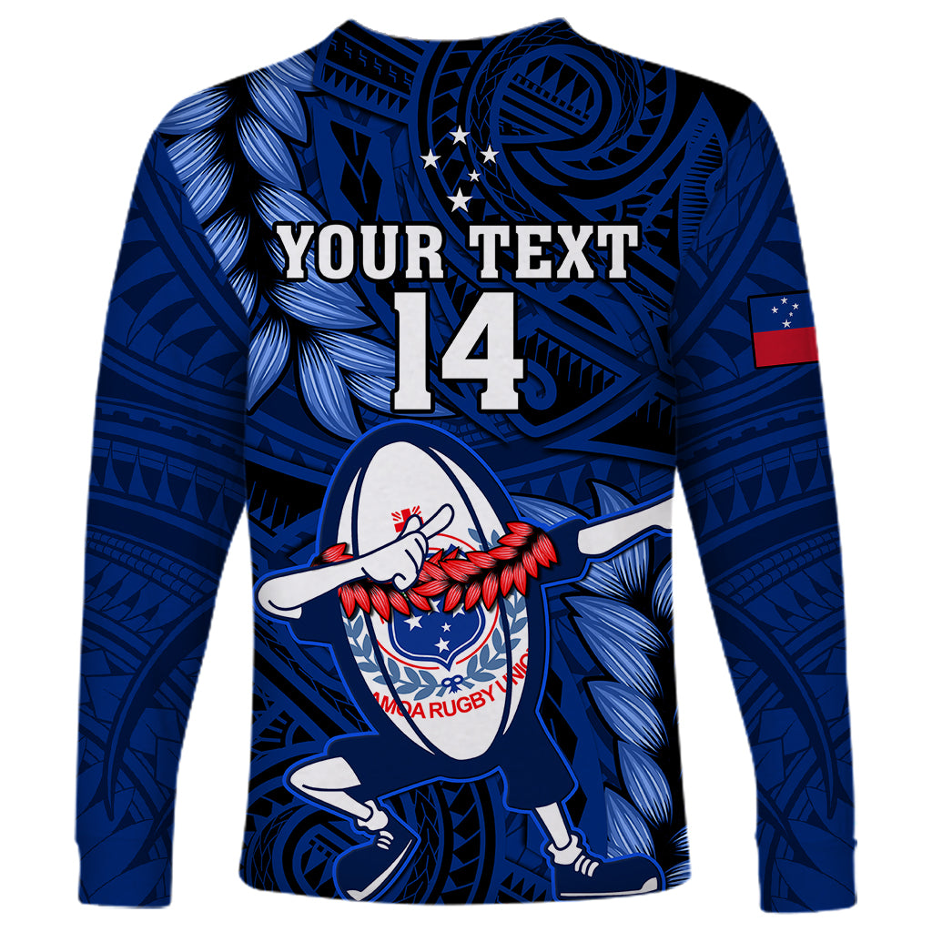 Custom Samoa Rugby Long Sleeve Shirt Manu Samoa Ula Fala Dabbing Ball Polynesian Blue Version - Wonder Print Shop