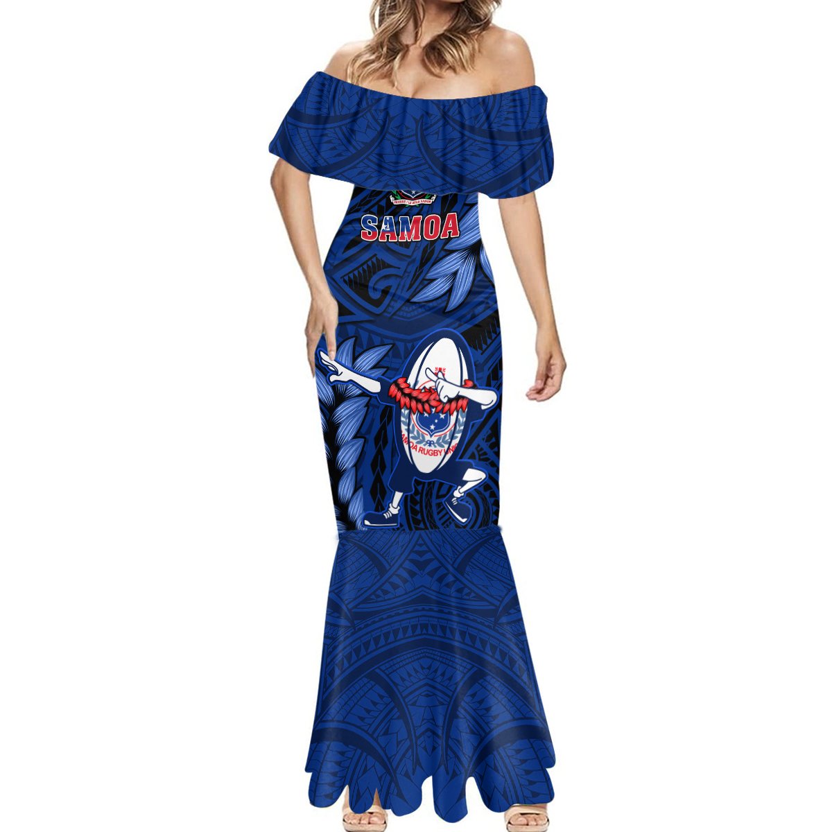 Custom Samoa Rugby Mermaid Dress Manu Samoa Ula Fala Dabbing Ball Polynesian Blue Version - Wonder Print Shop