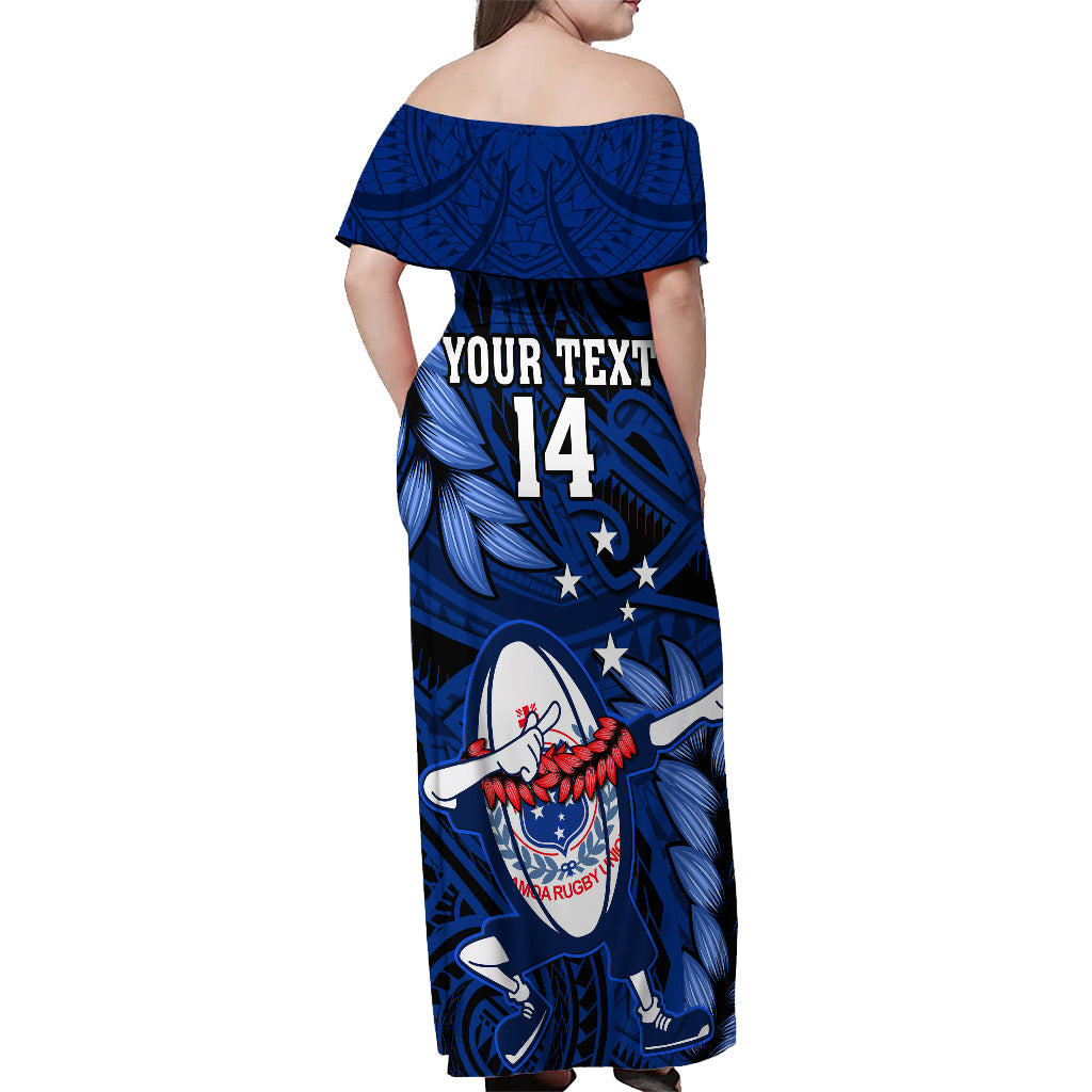 Custom Samoa Rugby Off Shoulder Maxi Dress Manu Samoa Ula Fala Dabbing Ball Polynesian Blue Version - Wonder Print Shop