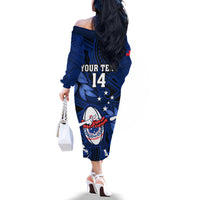 Custom Samoa Rugby Off The Shoulder Long Sleeve Dress Manu Samoa Ula Fala Dabbing Ball Polynesian Blue Version - Wonder Print Shop