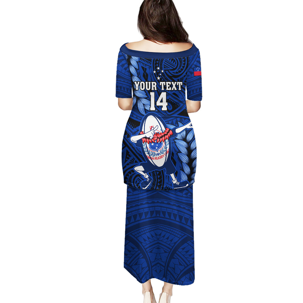 Custom Samoa Rugby Puletasi Manu Samoa Ula Fala Dabbing Ball Polynesian Blue Version - Wonder Print Shop