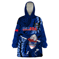 Custom Samoa Rugby Wearable Blanket Hoodie Manu Samoa Ula Fala Dabbing Ball Polynesian Blue Version - Wonder Print Shop